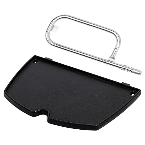 Barbqtime 17 Inch Grill Burner Tube And Cast Iron Cooking Griddle For Weber Q100 Q120 Q1000 Q1200 Baby Q Gas Grill, Stainless Steel Grill Burner Replacement Parts For Weber 41657, 69957, 60040, 6558