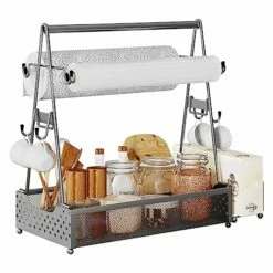 Semlos BBQ Grill Caddy With Paper Towel Holder And Hooks, Condiment Caddy And Storage Organizer For Grilling Tools, Camping Accessories For Barbecue, Picnics, Garage And Travel Trailers, Silver