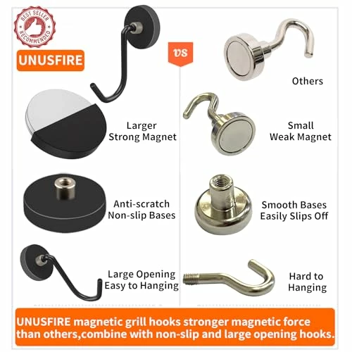 UNUSFIRE Magnetic Hooks,4Pack Heavy Duty Magnetic Hooks For Hanging Utensils,Anti-Scratch Strong Magnetic Grill Hooks With Magnet Rubber Coated For BBQ Tools Fridge Kitchen Cruising - Image 8